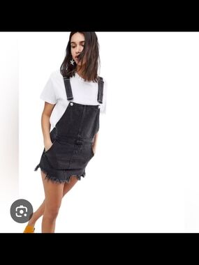 Free People Washed Black Denim Overall Skirt with Frayed Hem W4